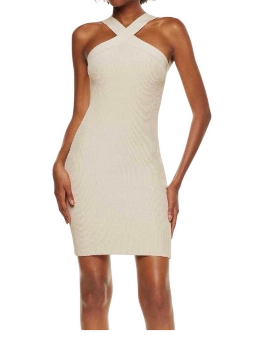 Babaton Cross-Neck Halter Ribbed Bodycon Mini Dress in Cream Sz XS